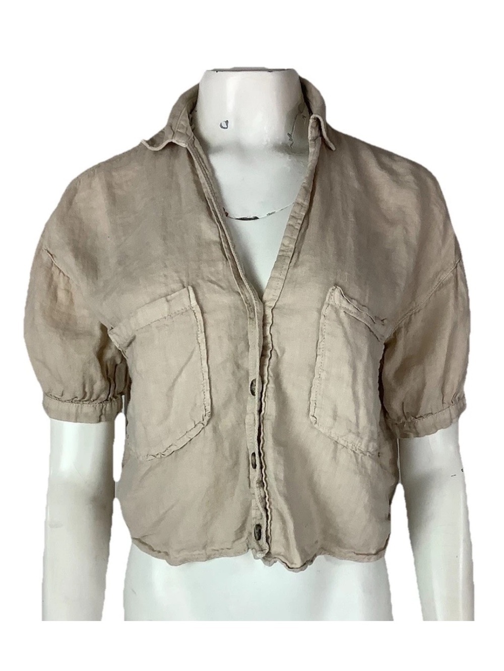 Zara Sz S 100% Linen Cropped Buttoned Light Vacation Travel Beach Top Brown